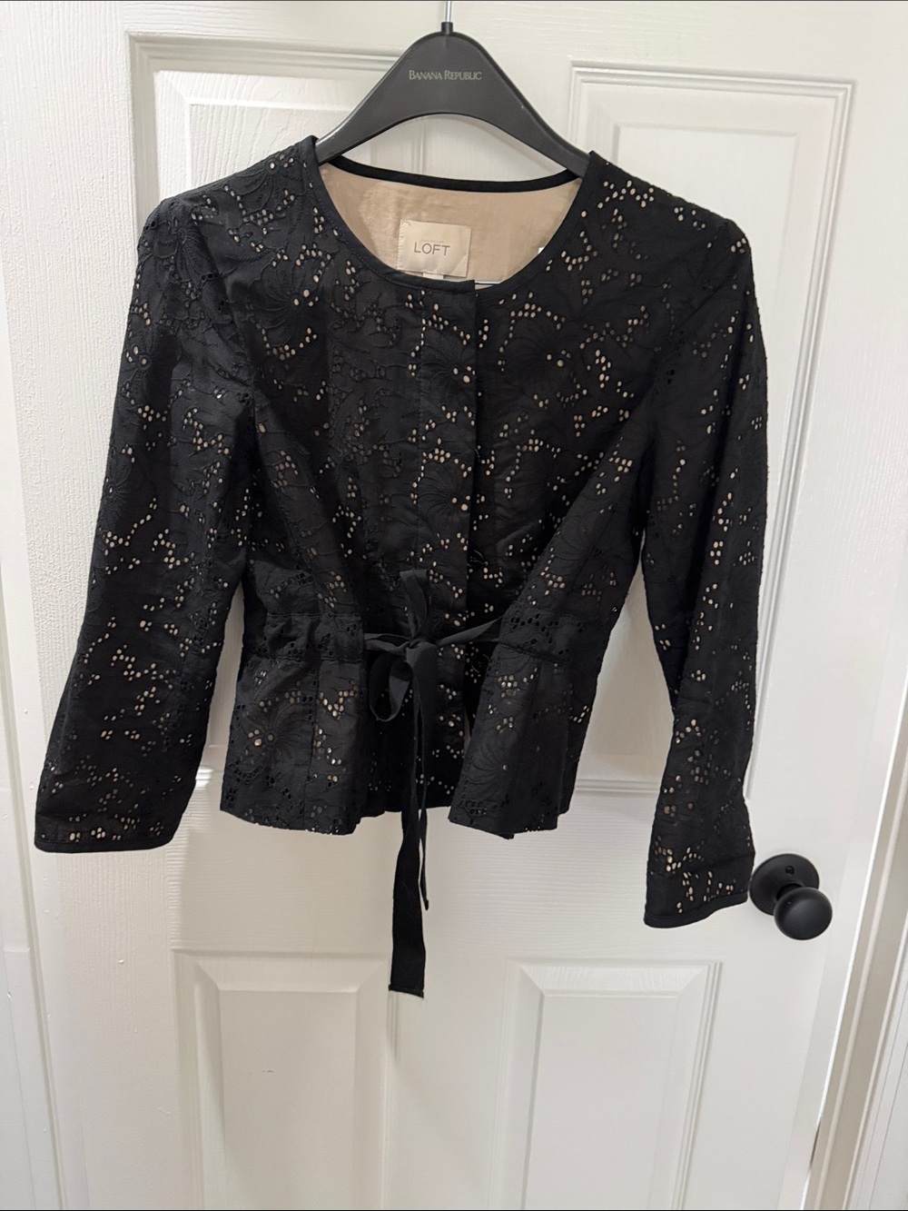 AT Loft Black Eyelet Tie-Waist Blazer with Cream Lining and matching skirt suit